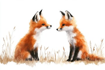 Fototapeta premium Two adorable foxes facing each other in a natural, grassy setting.