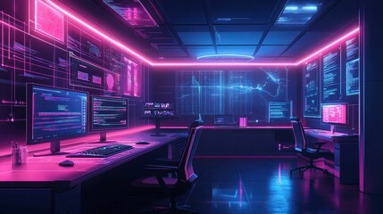 Futuristic Cyber Security Control Room Neon Lights