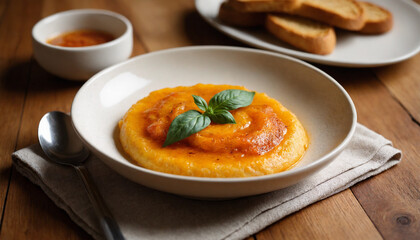 Lyutenitsa in rustic style in warm, earthy tones served in a handcrafted bowl for gourmet presentation