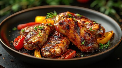 Juicy grilled chicken wings served with colorful bell peppers and fresh herbs, perfect for a delicious meal.