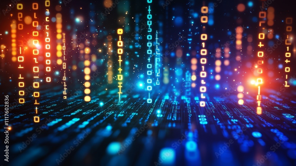 Poster vibrant digital data cables illuminate a binary code landscape in a futuristic technology setting wi