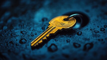 Close-up of keys in a lock on a dark background, highlighting metallic shine and minimalistic design.
