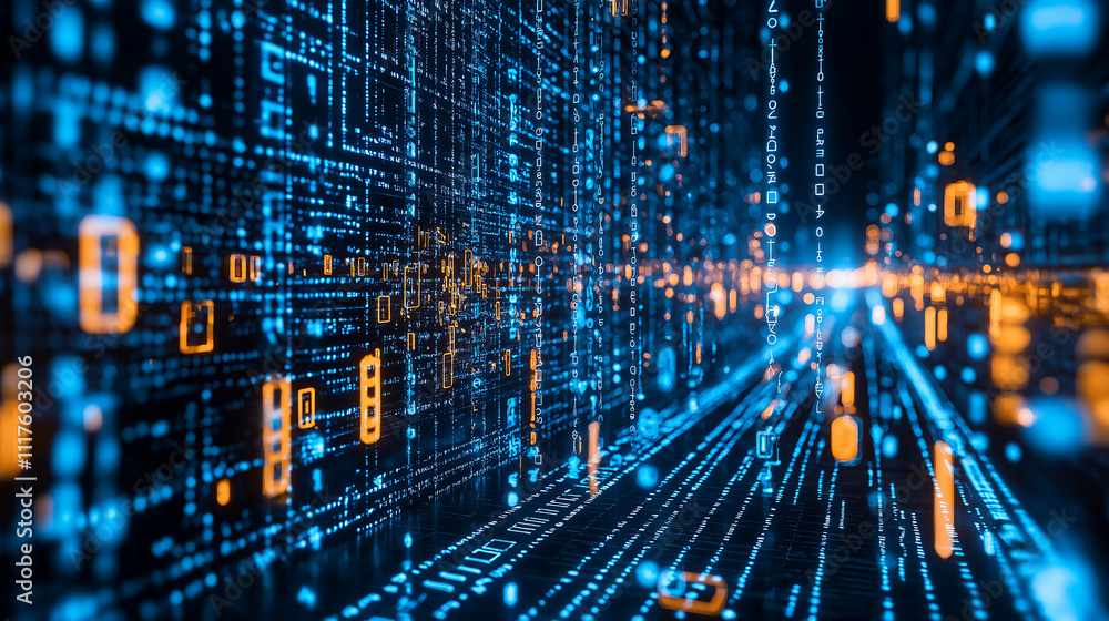 Poster futuristic digital data stream with glowing blue and orange codes. abstract cyber network and advanc