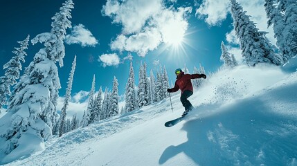 Snowboarder carving through fresh powder snow on a sunny winter day