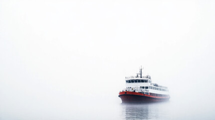A solitary ferry navigates through dense fog on calm waters, creating a serene and mysterious atmosphere with its red and white hull standing out.