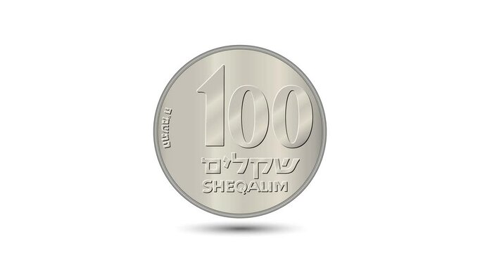 Coin, Israel, 100 sheqalim. Reverse of Israel one hundred sheqalim coin. The coin appear on the screen with a captivating style. Animated vector coin. Money animation.