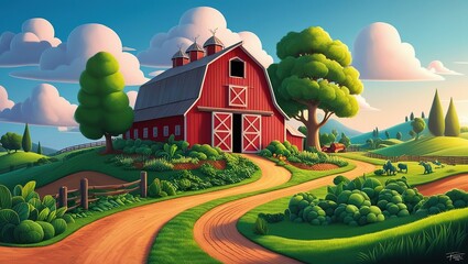 farm cartoon style illustration background multiple way with barn and green nature