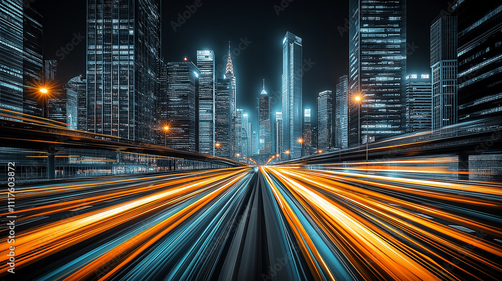 Poster dynamic futuristic cityscape with blue and orange light trails representing speed and innovation. co
