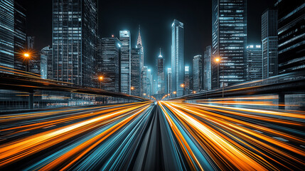 Naklejka premium Dynamic futuristic cityscape with blue and orange light trails representing speed and innovation. Concept of tech-driven urban efficiency and smart cities.