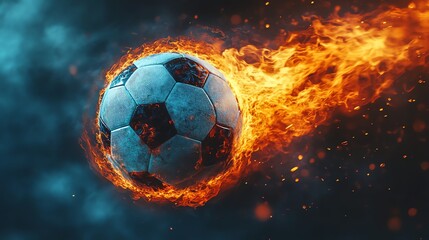 Fototapeta premium A flaming soccer ball in motion, symbolizing energy and excitement in sports.