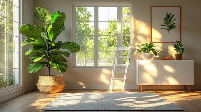 Minimalist interior design featuring a potted fiddle leaf fig tree, creating a clean and modern ambiance.