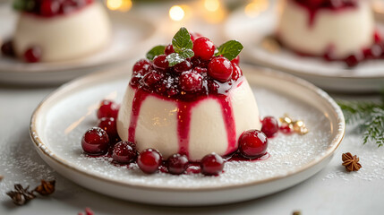 Creamy Panna Cotta with Cranberry Sauce and Fresh Mint