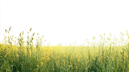 Vast field of yellow wildflowers stretching into the bright white sky, symbolizing tranquility and natural beauty in a peaceful rural setting.