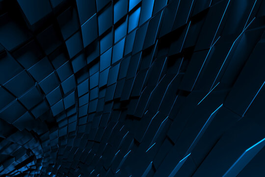 Fototapeta Abstract geometric pattern with blue cubes and tiles, curved 3d surface design. 3d render