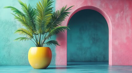 Modern interior with pastel colors and minimalist decor, highlighted by a yellow accent for a warm and inviting atmosphere.