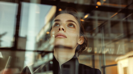 Pensive woman gazing through glass window.