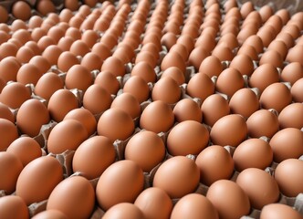 Cartons of brown eggs stacked in rows