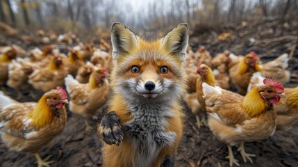 The fox taking a selfie among the chickens symbolizes duplicity, deception and the situation when an enemy pretends to be a friend. The scene is filled with irony and allegory