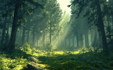 Fototapeta premium Sunlight Filtering Through Dense Forest Canopy in Lush Green Wilderness with Rays Illuminating Ground and Creating Mystical Atmosphere