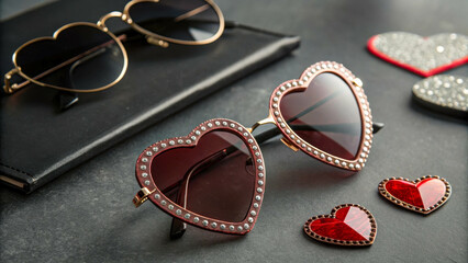 Heart shaped sunglasses with pink lenses, lying on the table, fashionable summer accessory.