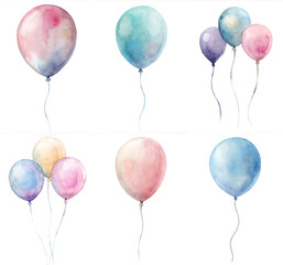A set of six watercolor balloons, each with a different color and size