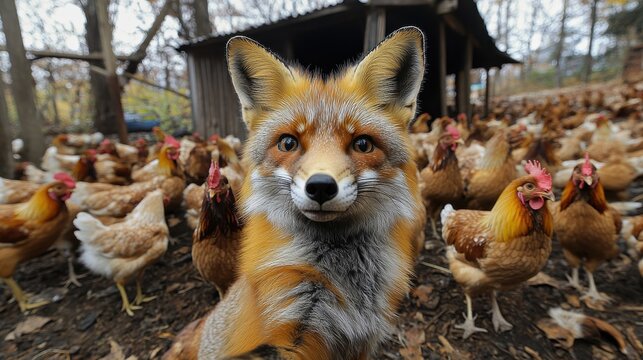 The fox taking a selfie among the chickens symbolizes duplicity, deception and the situation when an enemy pretends to be a friend. The scene is filled with irony and allegory
