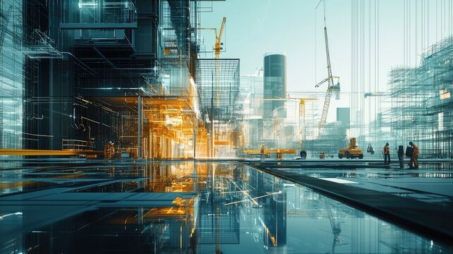 Futuristic city construction site reflecting in water.