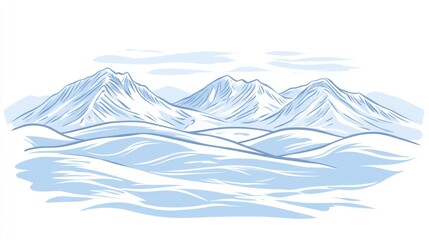 A minimalist illustration of snowy mountains and rolling hills in blue tones.