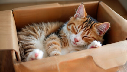 A cute tabby cat is curled up and sleeping peacefully inside a cardboard box