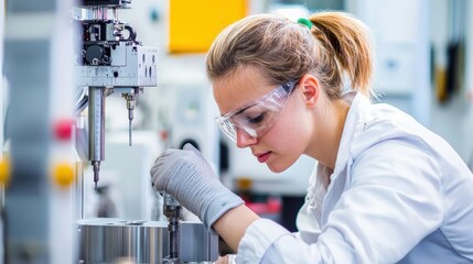 Precision engineer calibrating a machine part with advanced measuring tools in a workshop