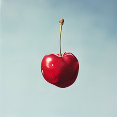 A glossy red heart-shaped cherry floating against a blue background.