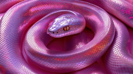 Fototapeta premium Pink snake with iridescent scales, coiled up with its head facing the viewer