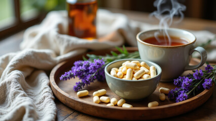 A cozy scene with a mug of tea, magnesium tablets, and lavender buds on a wooden tray.