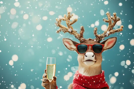 A whimsical and festive reindeer wearing stylish sunglasses holds a glass of champagne, exuding holiday cheer and cool vibes. With its antlers decorated and a jolly expression, this playful scene capt