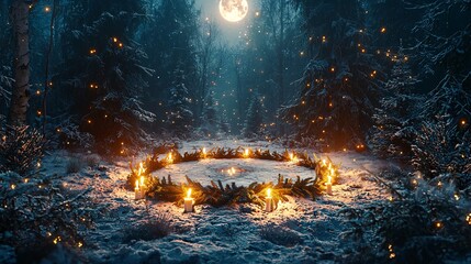 Fototapeta premium Tranquil Winter Solstice Altar in Snowy Forest with Candlelight and Evergreen Wreaths under Soft Moonlight