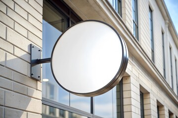 Fototapeta premium Minimalist round mockup sign on a white brick wall in daylight, ideal for showcasing logos and branding in modern urban architecture.