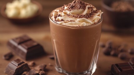 Delicious Chocolate Milkshake with Whipped Cream and Chocolate Shavings in a Glass on a Wooden Table