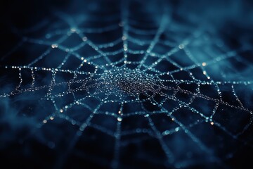 A close-up view of a spider web adorned with dew drops, showcasing intricate patterns.