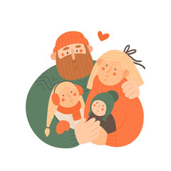 Happy family. Cute winter illustration of mother, father, daughter and son. Vector cartoon portrait. Template for Christmas greeting card