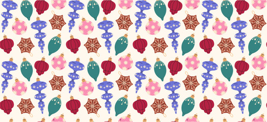 Christmas tree decoration pattern. Xmas toys repeating backgound. Winter holidays decor.