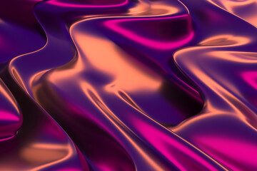 Vibrant abstract satin fabric with metallic purple and orange waves for modern design concepts. 3d render