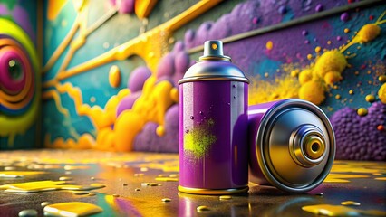 A Colorful 3D Render of a Playful Purple and Yellow Spray Can Showcasing an Artistic Design Perfect...