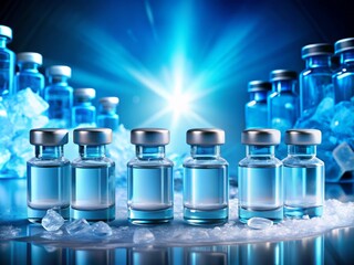 A Row of Vaccines on a Blue Background Surrounded by Ice, Illustrating the Cold Chain Concept for Vaccine Maintenance and Safety in Healthcare Settings