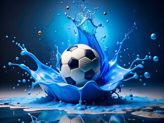 Naklejka premium A Striking Soccer Ball Surrounded by a Dynamic Splash of Blue Paint, Perfectly Captured Using the Rule of Thirds for a Visually Engaging Sport-Themed Image