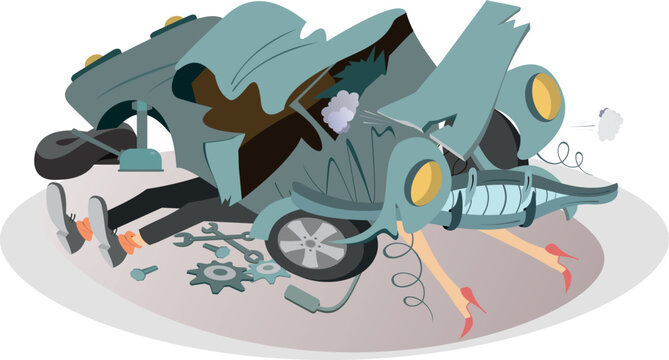 recommend clip art: Man and woman repair a car. Teamwork.
                    Repairing together. Legs of man and woman sticking out from under a wrecked car
                    