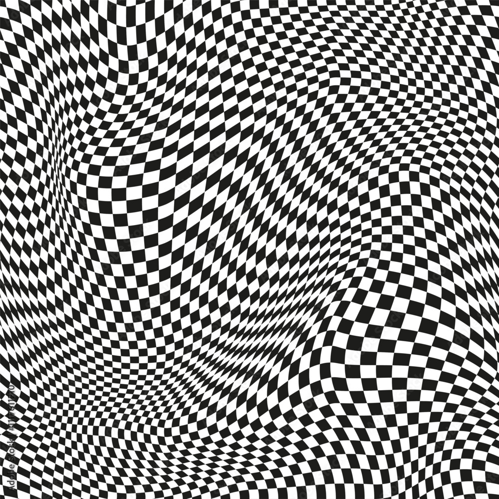 Poster seamless checkered pattern. distorted optical illusion banner. op art checkered curved pattern.