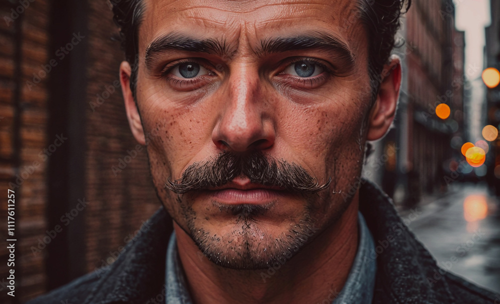 Aufkleber man with a mustache and blue eyes. he is wearing a black jacket. the jacket is on the left side of t