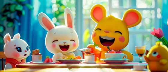 Cartoon scene of rabbit and mouse sitting at table with food