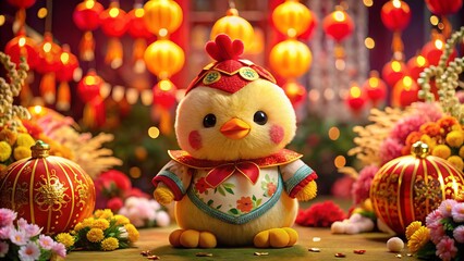 Adorable Chinese Zodiac Plush Chicken Mascot Surrounded by Festive Decorations, Symbolizing Prosperity and Fortune in a Colorful and Joyful Setting