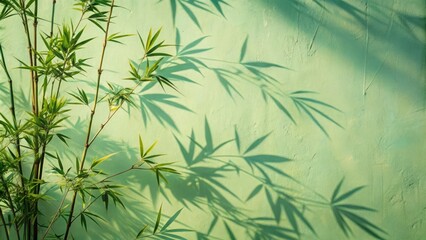 Fototapeta premium Bamboo Branches Casting Shadows on Soft Pastel Green Wall - Tranquil Nature Concept for Plant Design and Aesthetic Backgrounds